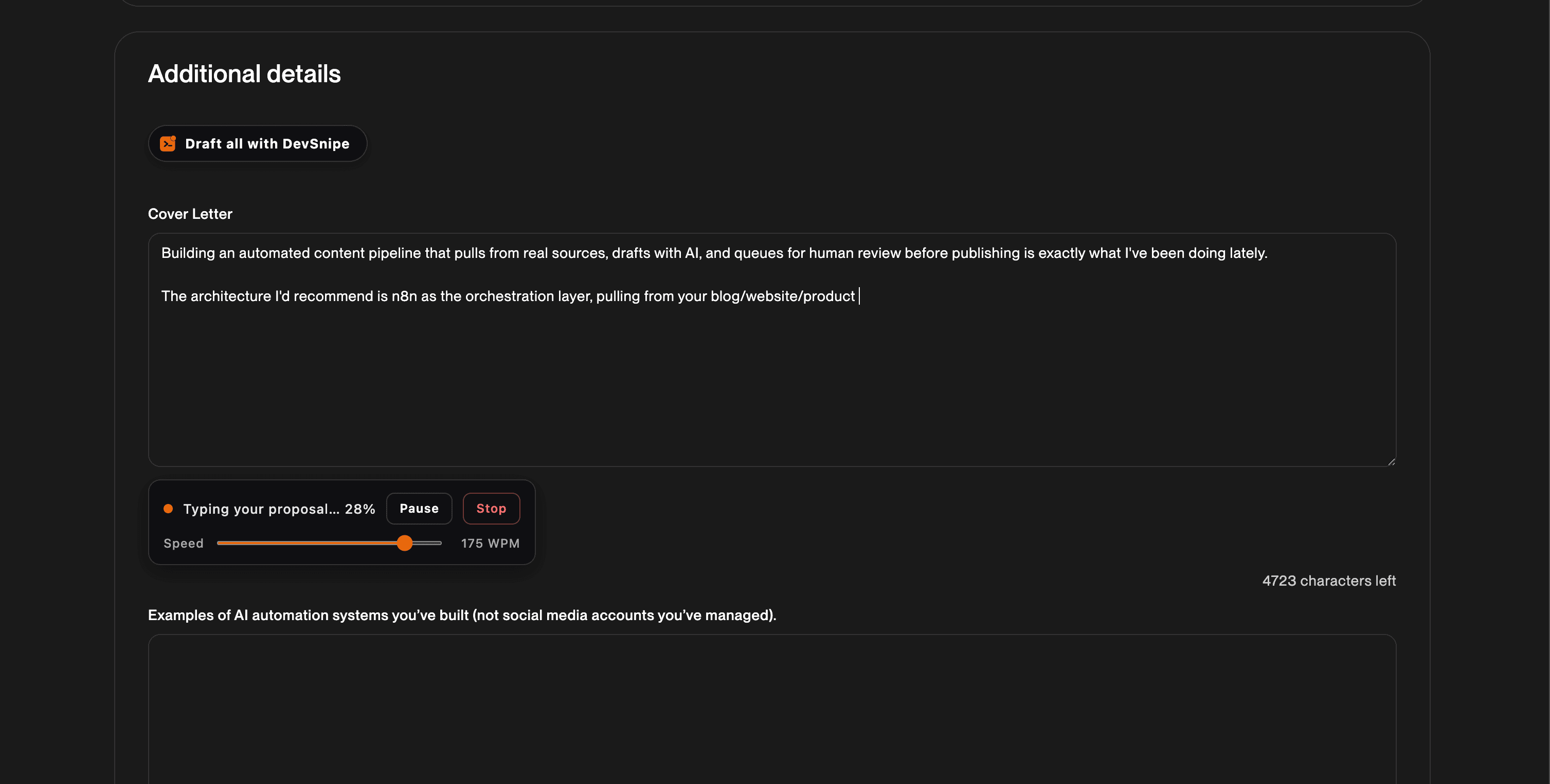 DevSnipe drafting an Upwork proposal on the apply page